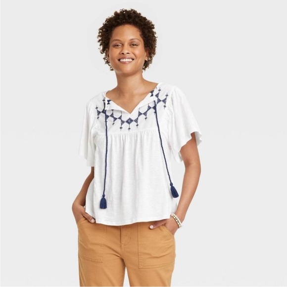 Knox Rose Tops - New Women's Flutter Short Sleeve Embroidered Top Knox Rose